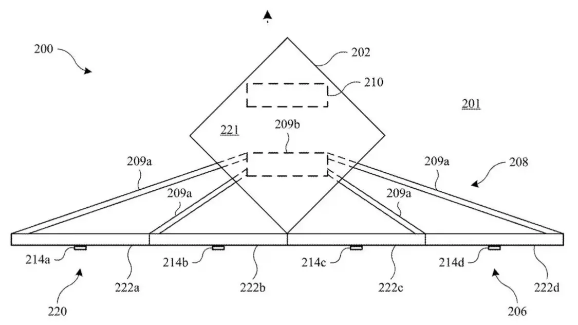 Geometric diagram featuring a large diamond shape at the center with connected triangular supports extending to a rectangular base, labeled with numbers and arrows.
